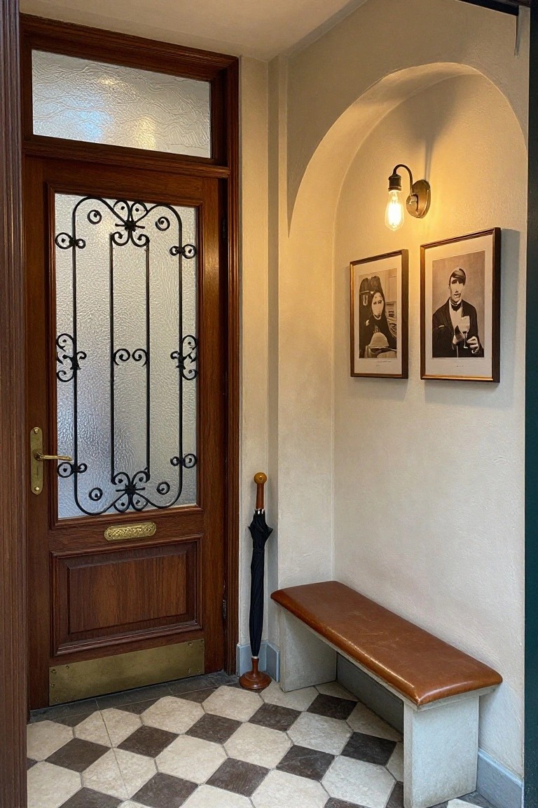 A wooden entry door with a black metal grille over textured glass sits beside a brown upholstered bench in a small interior hallway with framed photos on the wall.