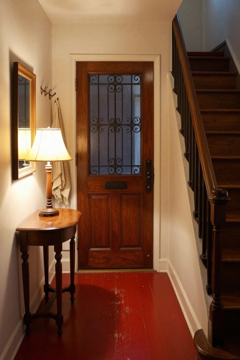 Interior view of a wooden front door featuring a decorative metal security grille over the upper glass panel, with a staircase on the right and a side table holding a lamp on the left.