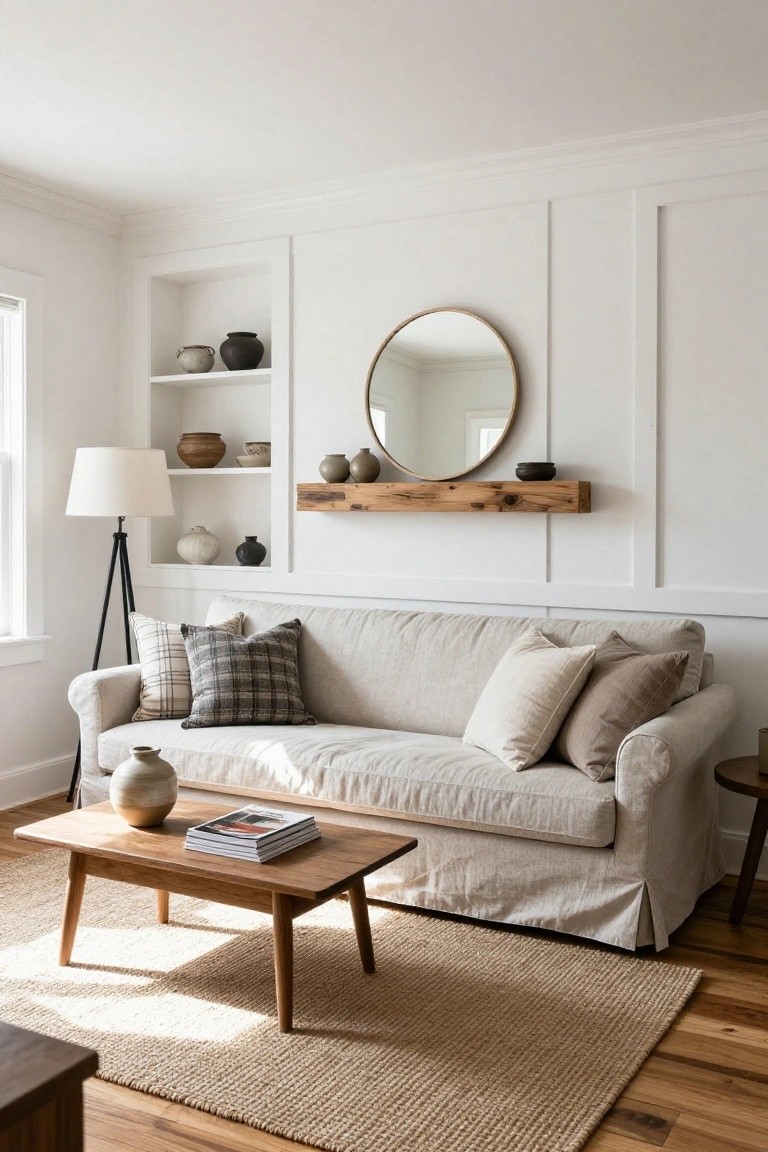 Living room interior with white vertical paneling on the accent wall, a horizontal wood ledge holding small vases, built-in shelves to the left, and a light sofa in front.