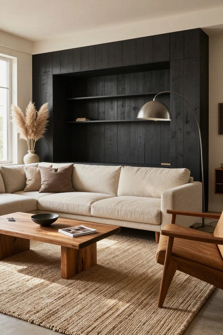 A living room with a large dark wood accent wall featuring recessed shelves behind a light-colored sectional sofa, a wooden coffee table on a woven rug, and a floor lamp to the right.
