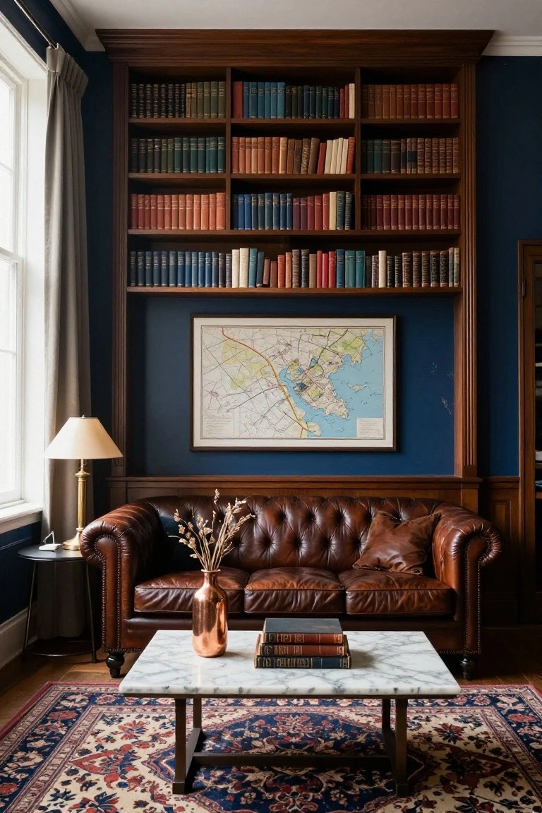 Leather Chesterfield sofa before wooden bookshelf with map on navy wall and marble table