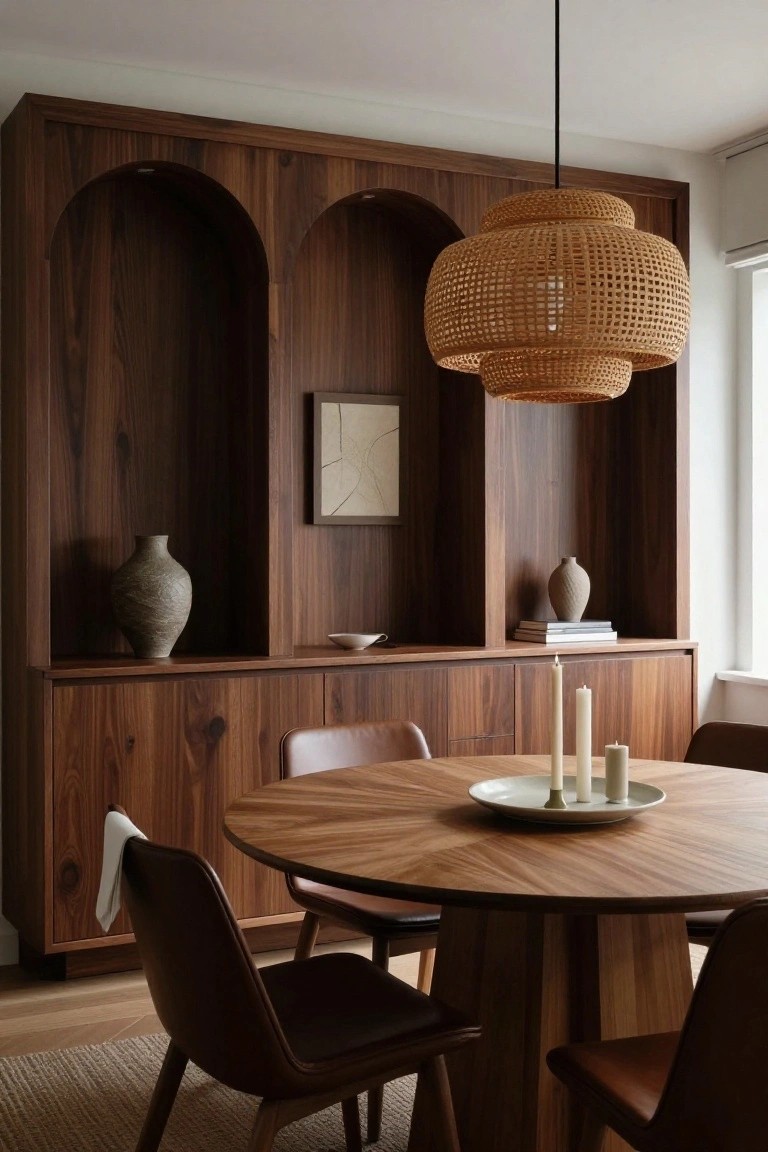A dining room with a round wooden table, leather chairs, and a dark wood built-in cabinet wall featuring two large arched niches and a woven pendant light overhead.