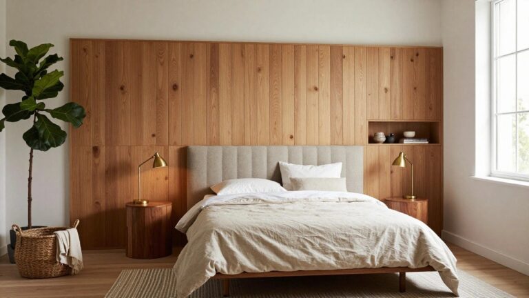 19 Smart Wood Trim Accent Wall Ideas to Create a Designer-Framed Look A bedroom featuring a bed with beige linens centered against a full-height vertical wood panel wall with built-in shelves on the right side.