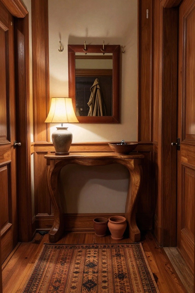 Wooden console table with lamp and mirror in warmly lit hallway with rug and pots