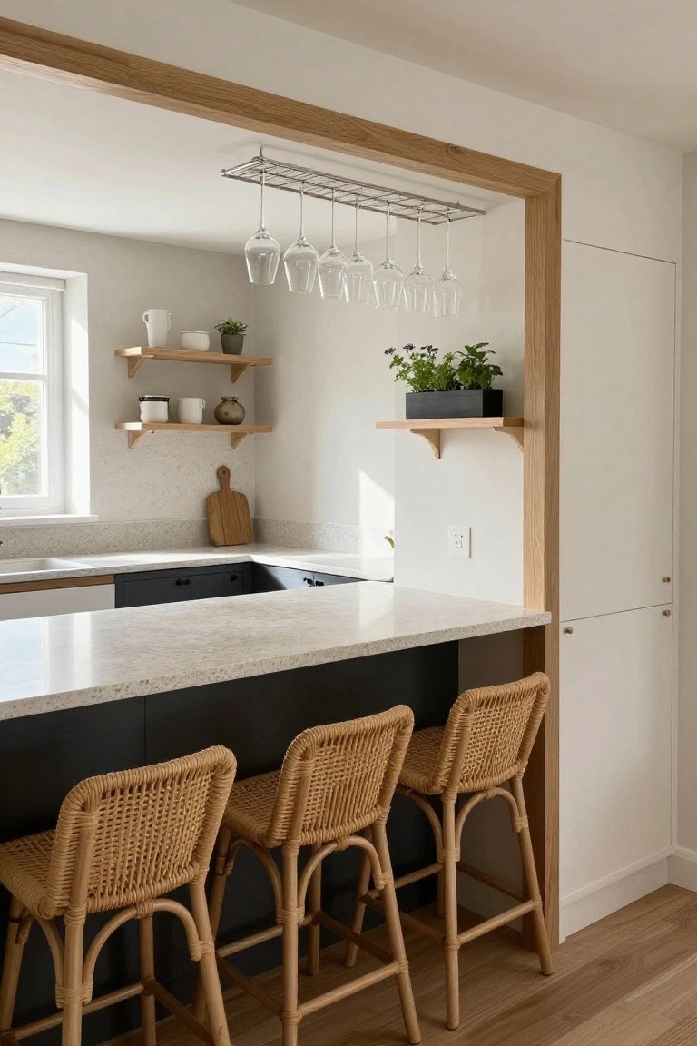 A kitchen interior showing a light wood trim frame around an opening above a white countertop island with three woven bar stools in front.