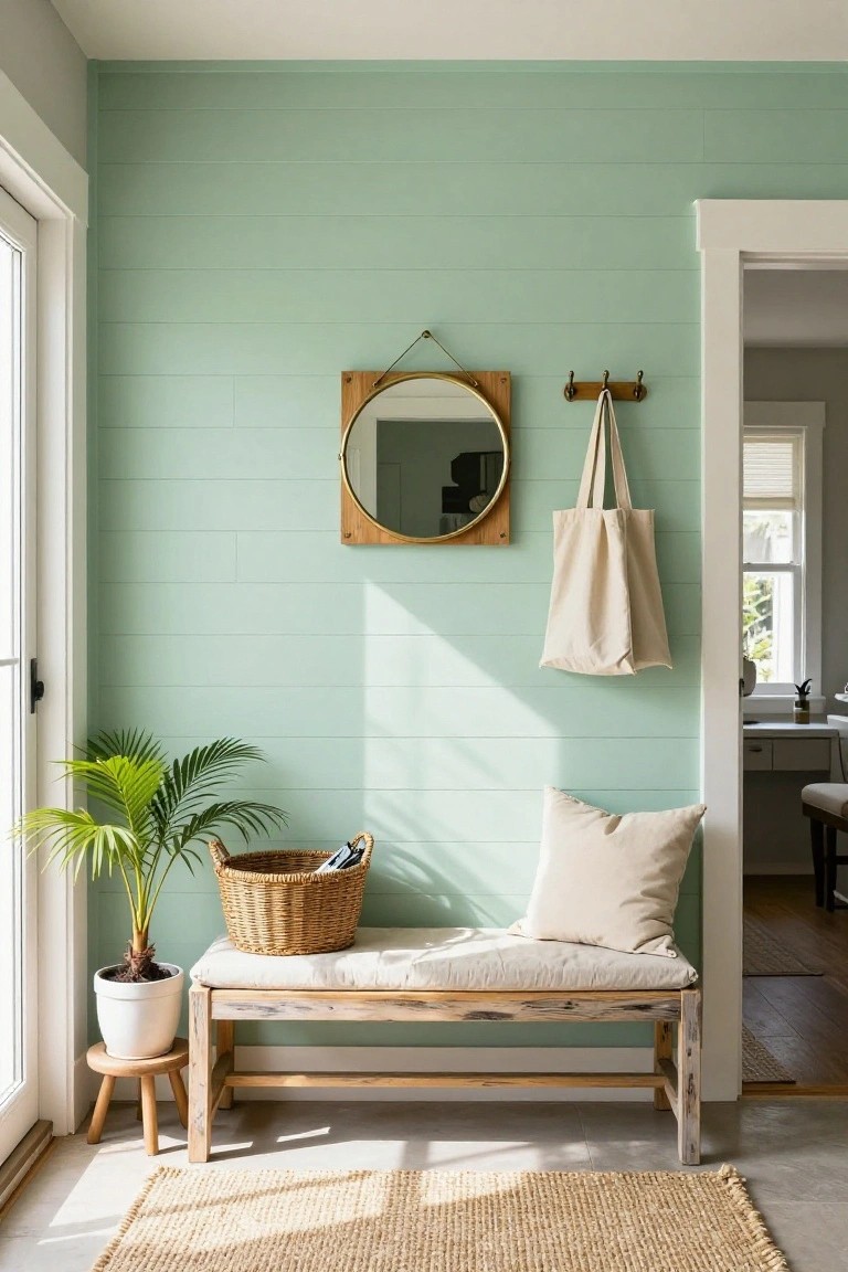 An entry area with light green horizontal shiplap on the wall, a round wood-framed mirror, wall hooks, and a wooden bench with a cushion.