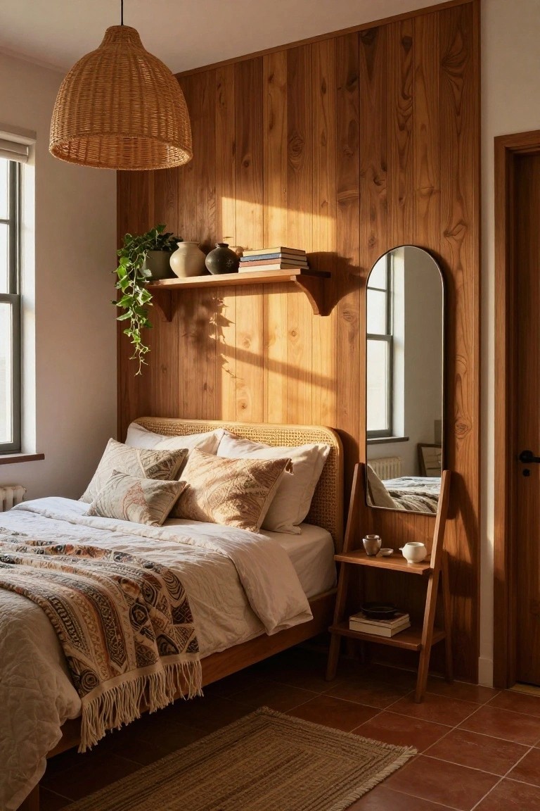 A bedroom with a bed set against a full-height vertical wood panel accent wall, a floating shelf above the bed, and a leaning mirror to the right.