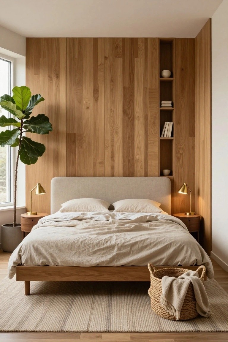 A bedroom featuring a bed with beige linens centered against a full-height vertical wood panel wall with built-in shelves on the right side.