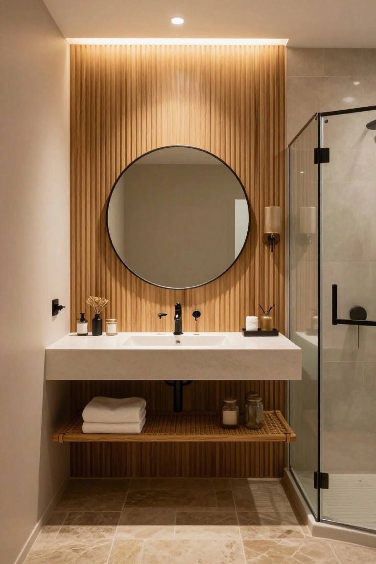 A modern bathroom with a round mirror above a floating white marble vanity, set against a vertical wood slat accent wall with under-sink shelving and a glass shower to the right.