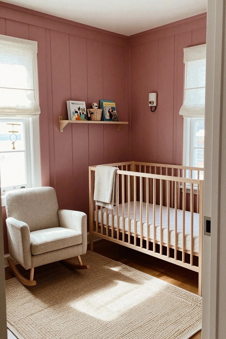 Nursery with pink paneled walls, wooden crib, beige rocking chair, and woven rug.