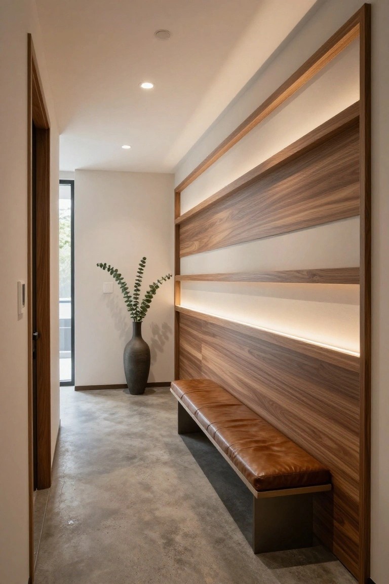 A narrow interior hallway shows a wood-paneled accent wall with horizontal illuminated shelves above a brown upholstered bench, with a tall vase of greenery on the concrete floor nearby.