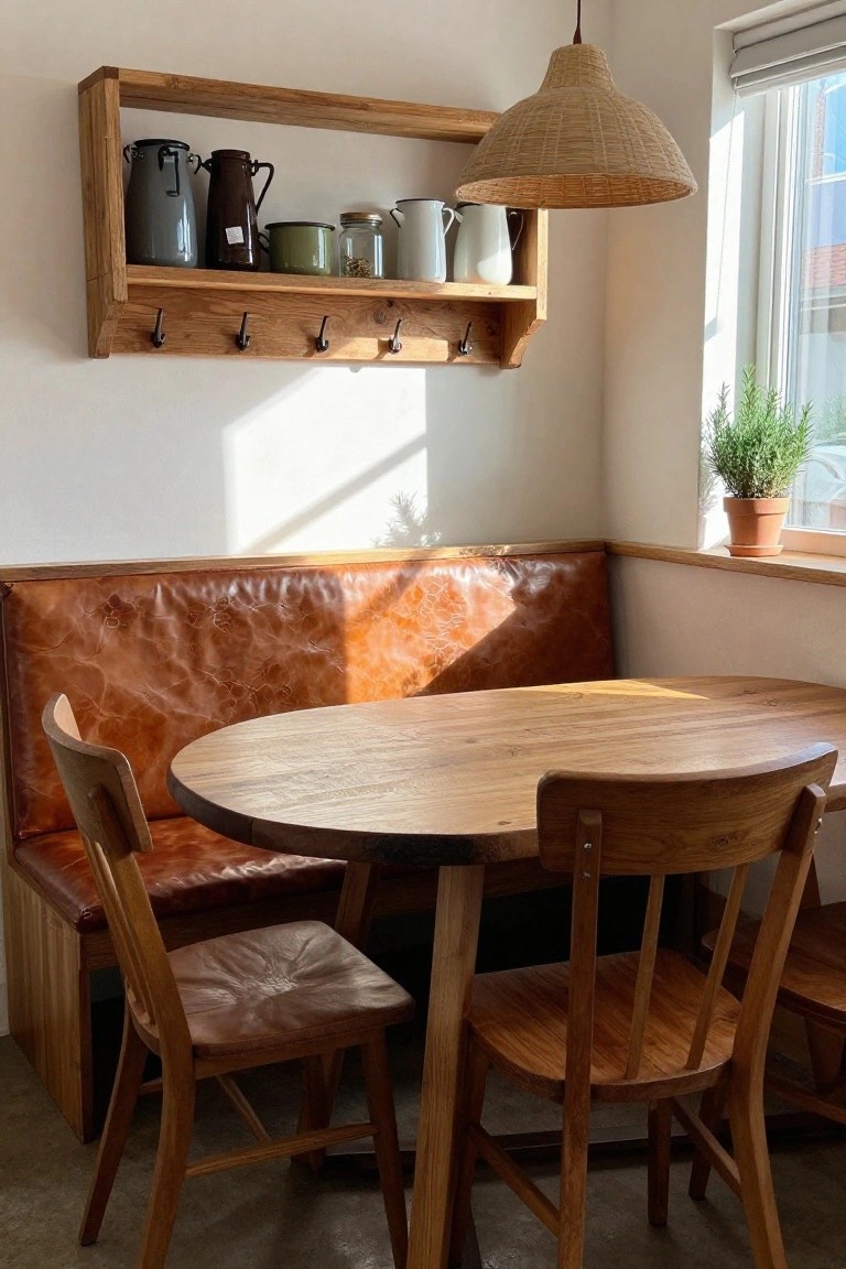 Round wooden table, leather bench and chairs, wall shelf with pitchers, woven pendant lamp