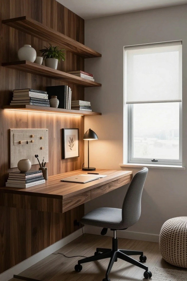A home office featuring a wooden floating desk, floating shelves on a vertical wood accent wall with under-shelf lighting, a gray office chair, and a window with a roller shade.