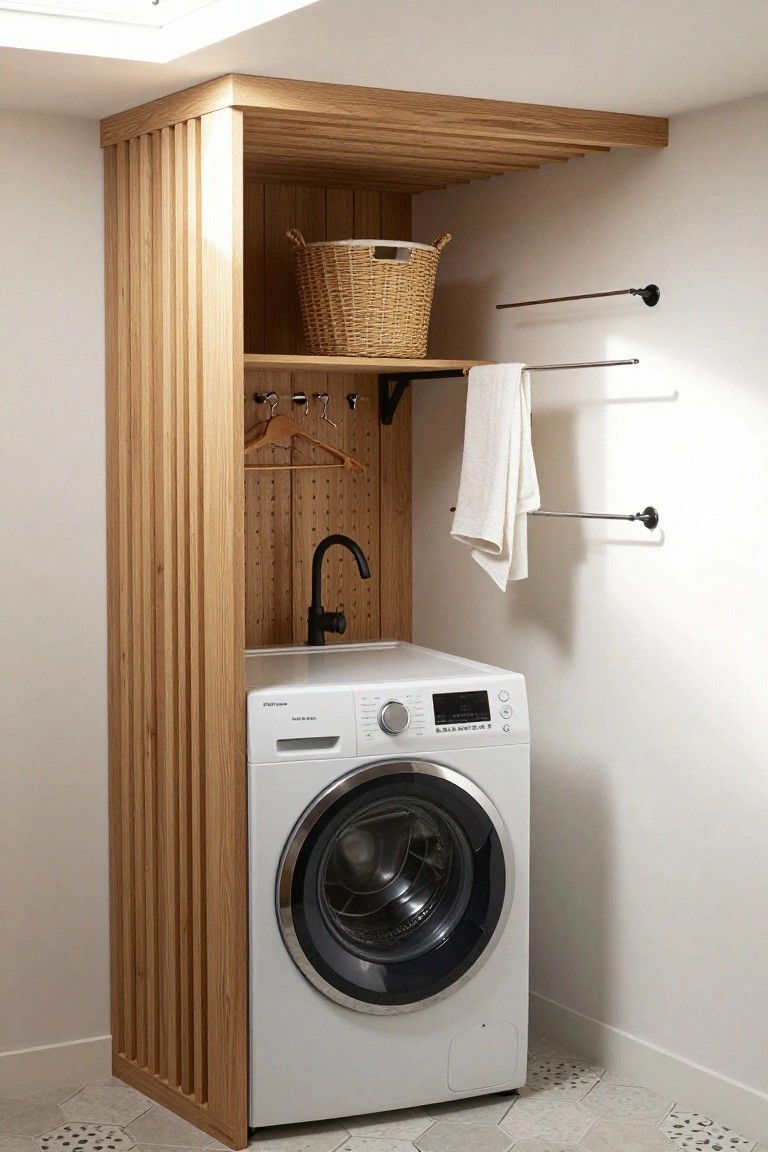 A front-loading washing machine is recessed into a light wood alcove with vertical slats on the left side, an open shelf holding a wicker basket above the machine, and pegboard with hooks visible in the background.
