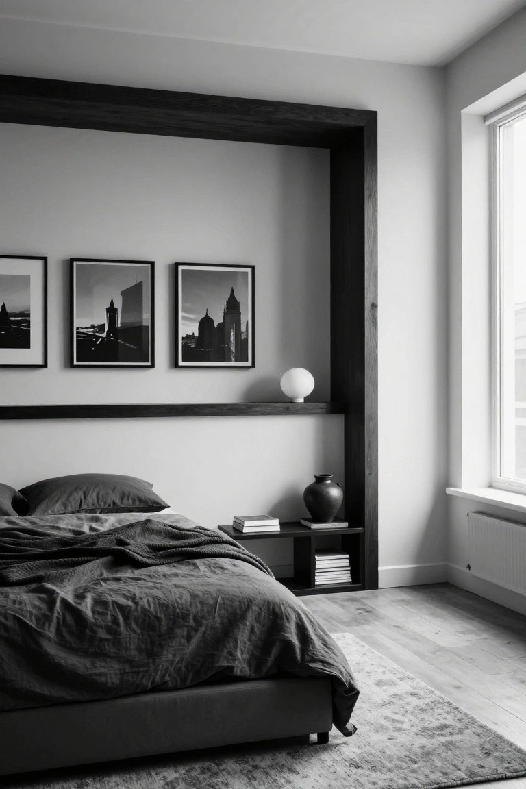 A bedroom featuring a bed against a light wall with dark wood trim forming a large rectangular frame that holds three black and white photos above a narrow shelf.