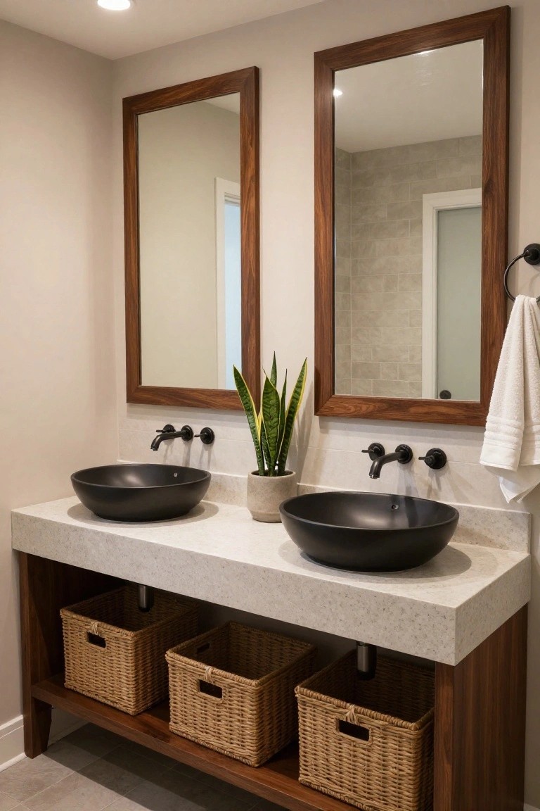 A modern bathroom vanity with two black vessel sinks on a white countertop, flanked by two large mirrors with dark wood frames mounted on a light wall.
