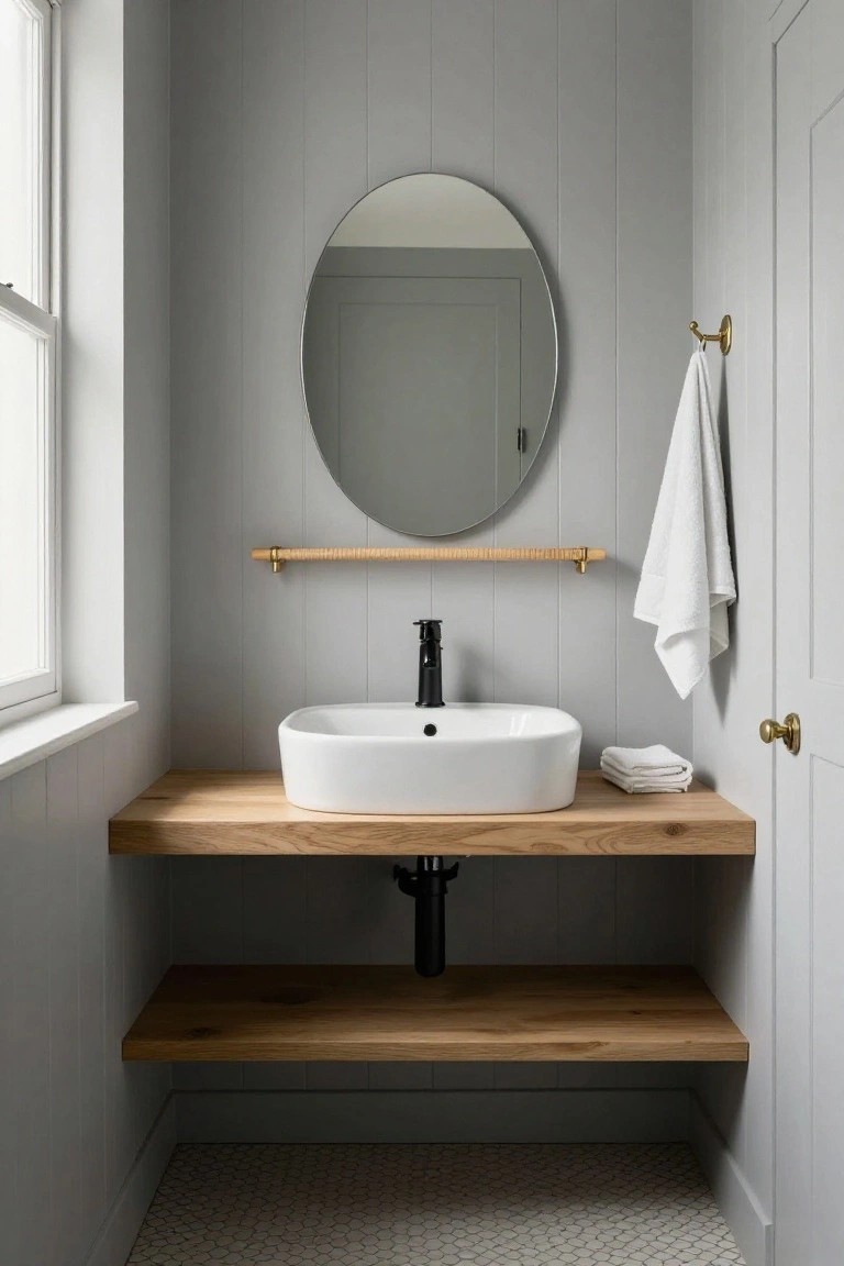 A bathroom interior with gray vertical wood paneling on the walls, a round mirror above a white vessel sink on a wooden floating shelf, and a white towel hanging on a brass hook to the right.