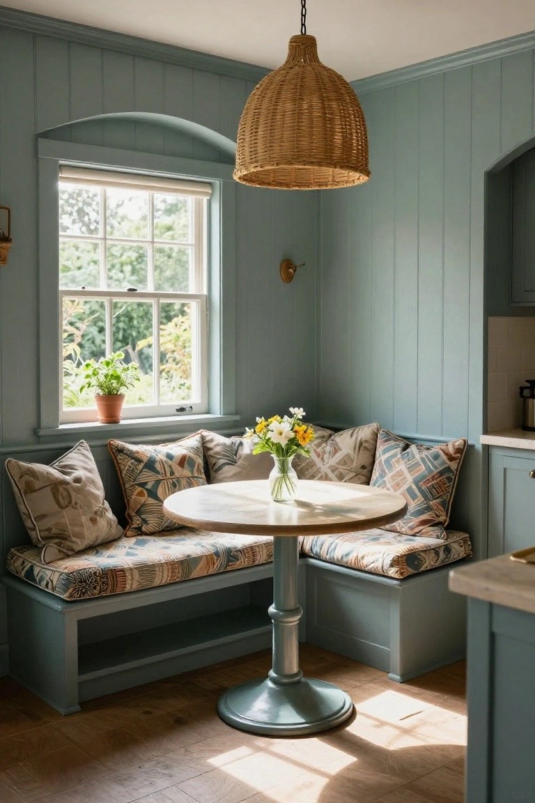 A corner with sage green wood paneling, built-in bench seating under a window, round pedestal table, and patterned cushions.