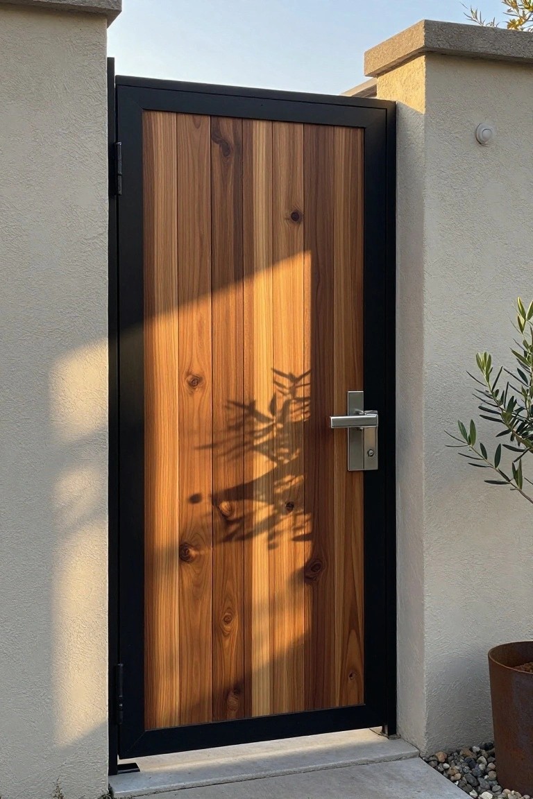 A wooden gate with vertical planks inside a black metal frame, mounted between light-colored walls with a modern silver handle.
