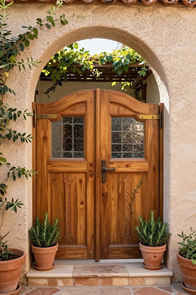 Ornate wooden double doors under stone arch with potted rosemary plants on steps