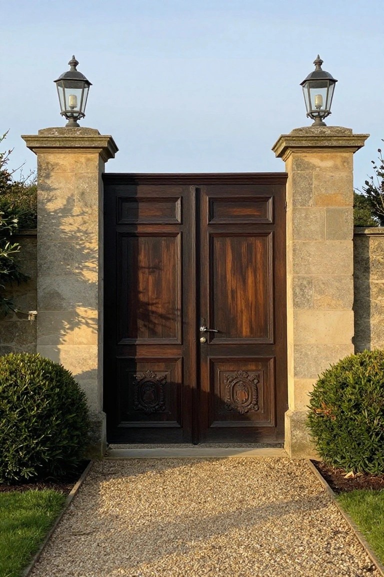 A pair of dark wooden double gates with carved panels set between stone pillars topped with black lanterns, with a gravel path leading up to the gates.