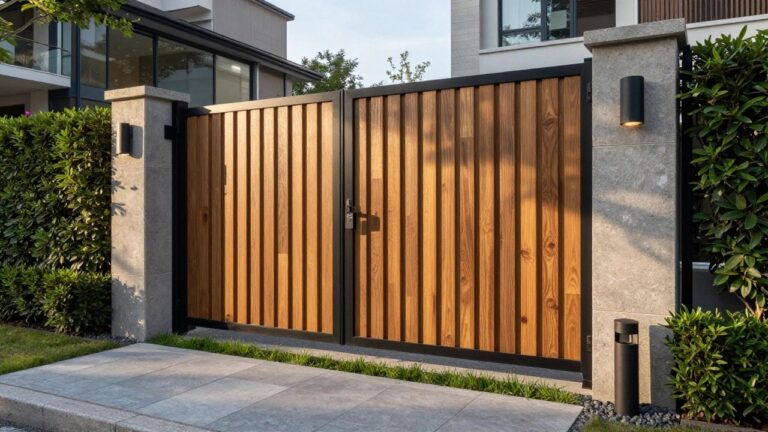 A modern wooden gate with vertical planks in a black metal frame, set between concrete walls with stone steps in front.