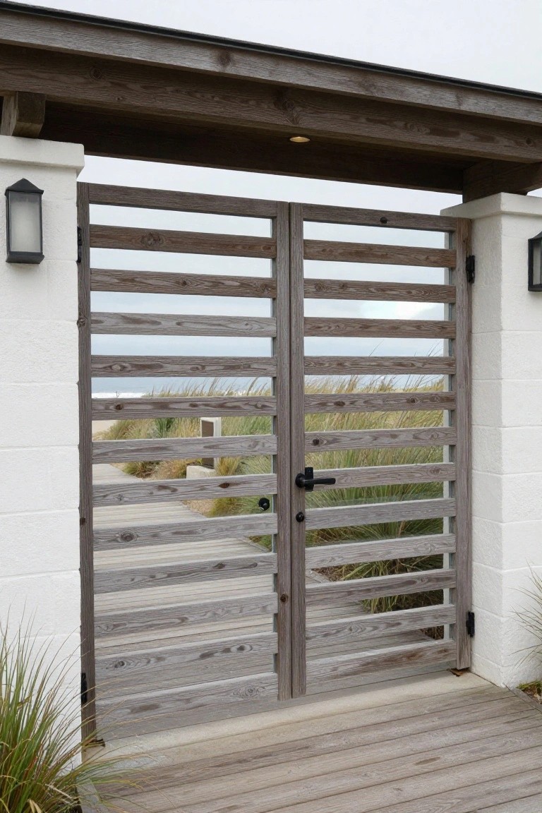 A double wooden gate with horizontal slats is mounted between white brick pillars on a deck with ocean grass visible beyond.