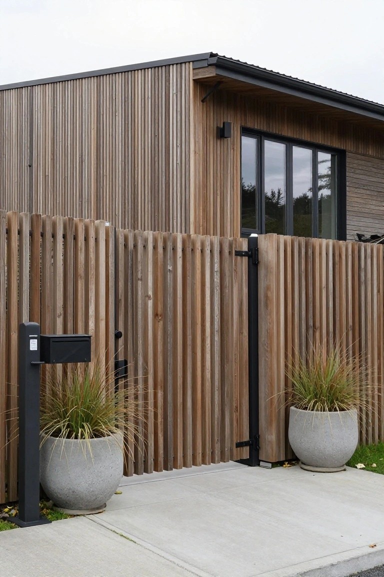 A modern house exterior with vertical wood siding, a matching wooden gate with black metal hinges, two concrete planters holding tall grass, and a black mailbox on a post.