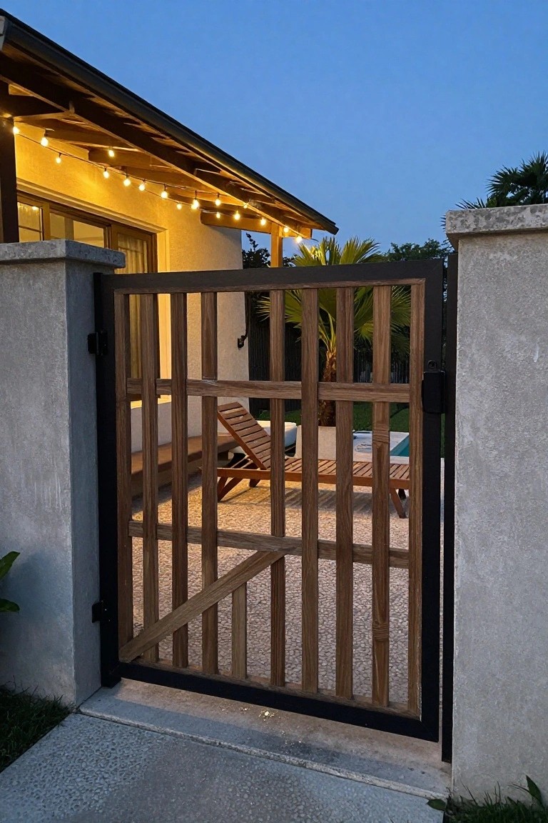 A wooden gate with vertical slats inside a black metal frame stands open between concrete pillars at dusk, showing lounge chairs and a pool beyond.