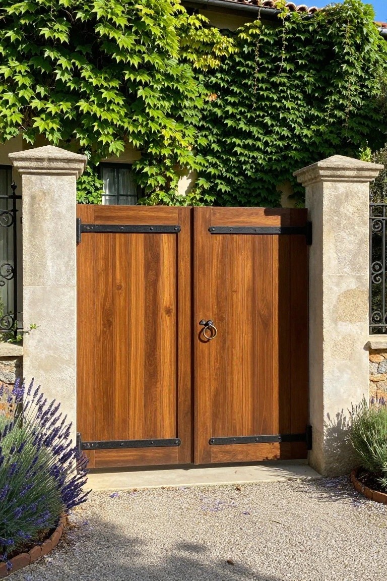 Double wooden gates with black metal hardware stand between two stone pillars, with lavender plants and climbing vines visible on either side.