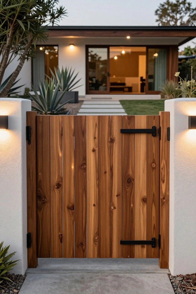 A wooden gate with vertical planks and black hinges stands open between two white stucco pillars in front of a modern house.