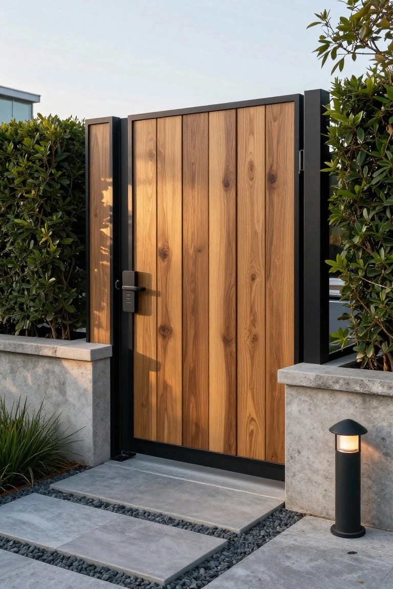 A modern wooden gate with vertical planks in a black metal frame, set between concrete walls with stone steps in front.