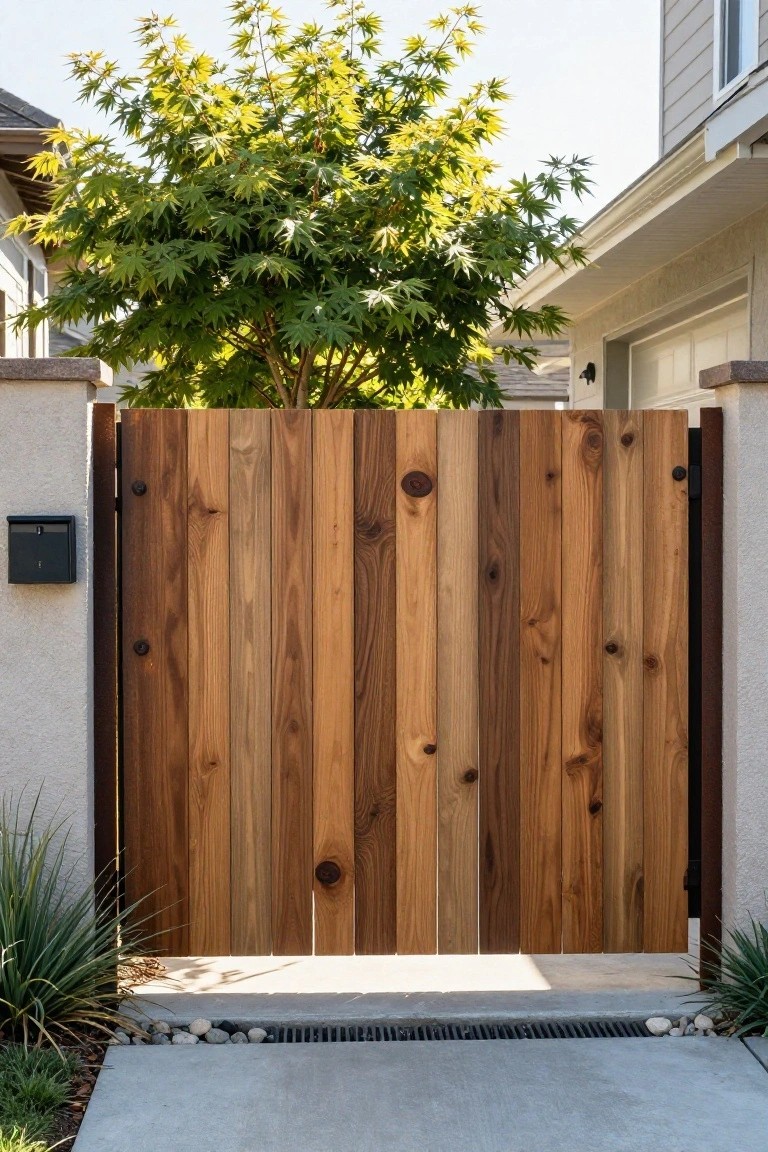 Wooden vertical plank gate with varying brown tones under a green tree