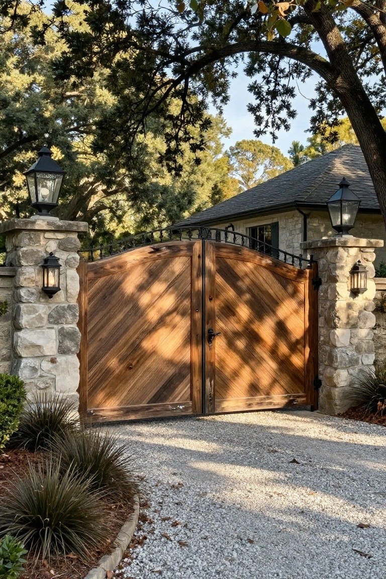Wooden arched double gate between stone pillars with lanterns on gravel driveway