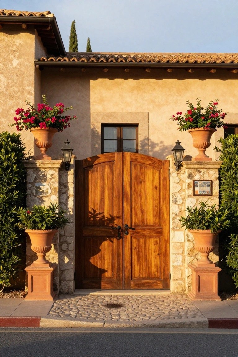 A large wooden double gate centered between stone pillars topped with terracotta pots in front of a stucco house facade.