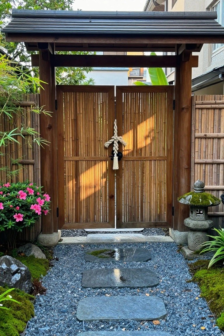 A wooden double gate with vertical slats and a rope tassel hangs under a dark roof structure, leading to a gravel path with flat stepping stones, flanked by bamboo fencing and garden plants.