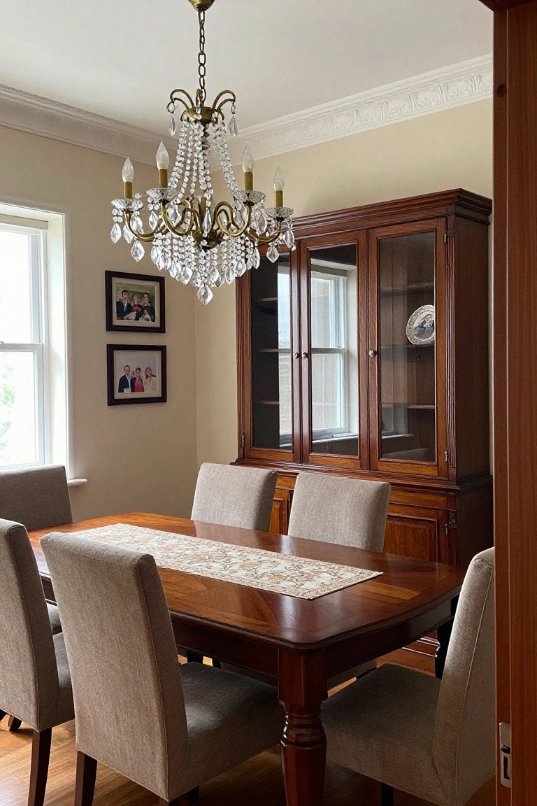 Elegant dining room with dark wood table, beige chairs, crystal chandelier, and hutch.