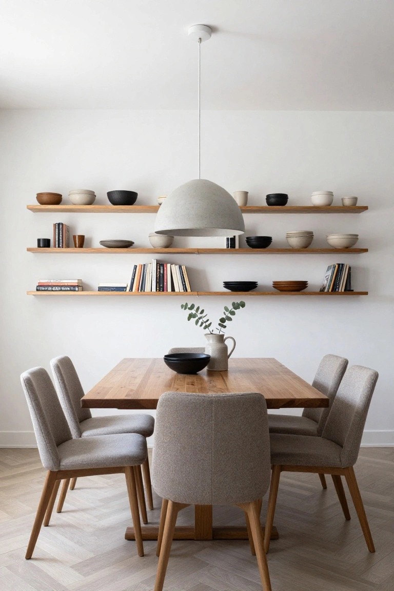 A dining room featuring a rectangular wooden table with six upholstered chairs and three levels of floating wooden shelves mounted on a white wall behind it.