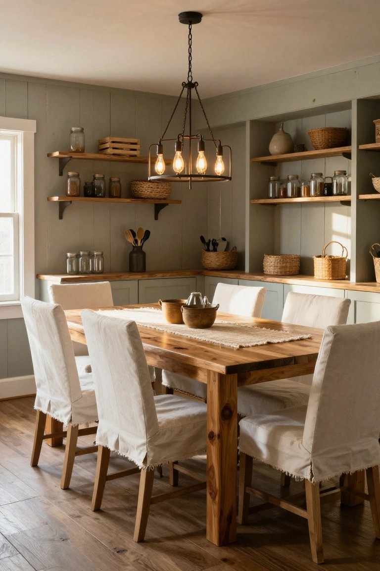 A dining room with a large wooden table, white slipcovered chairs, and open wooden shelves against gray paneled walls.