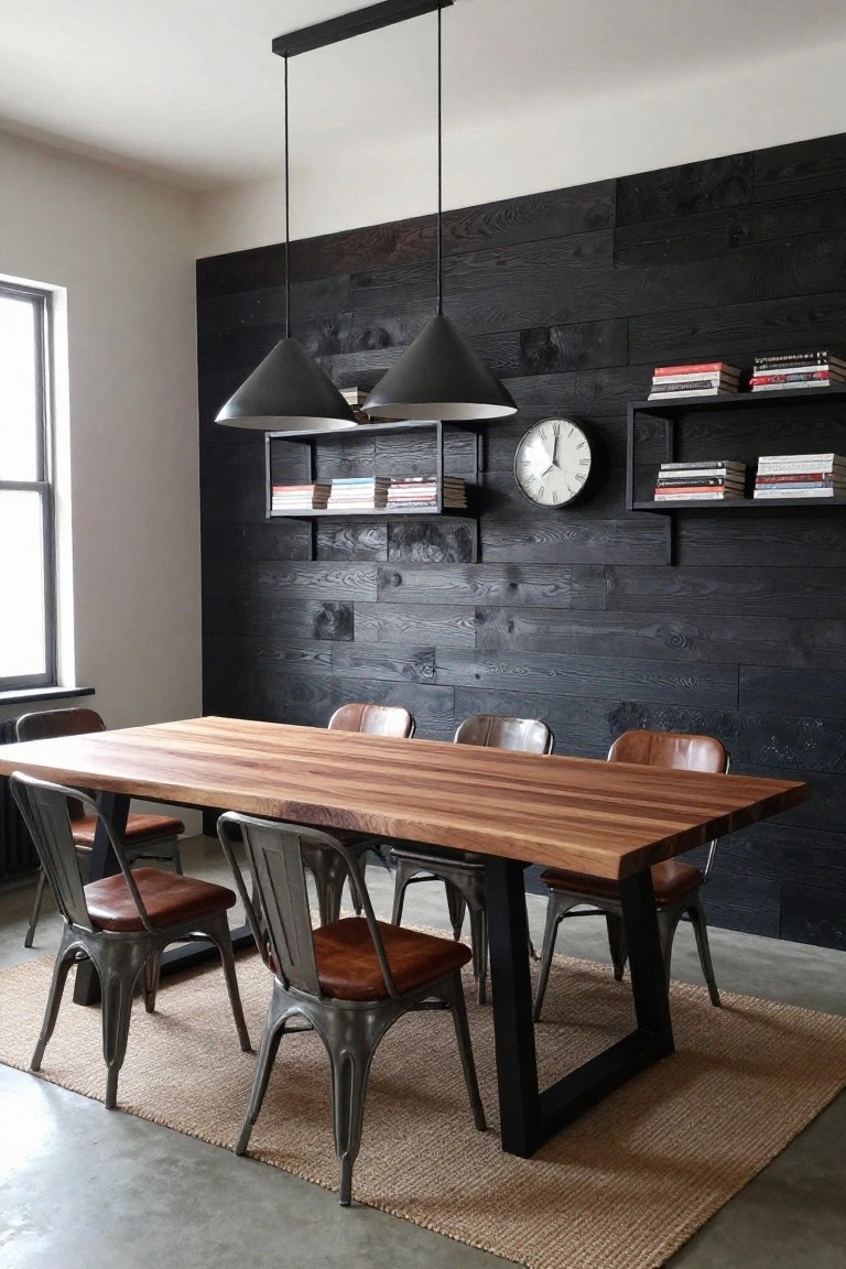 A dining room with a dark wood plank accent wall, a long wooden table, metal chairs with brown seats, floating shelves with books, and two black pendant lights.