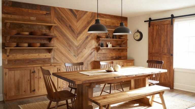16 Stylish Wood Accent Wall Dining Room Ideas for a More Gathered Feel A dining room featuring a large wooden table with a bench on one side and wooden chairs on the other, a wooden hutch with open shelves, and a sliding barn door.