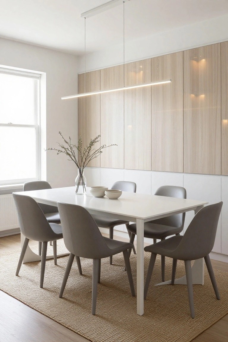 A dining room with a white table, gray chairs on a woven rug, and a light wood accent wall with upper cabinets and two linear pendant lights.