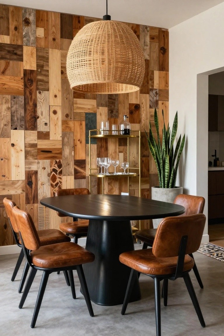 A round dining table with four brown leather chairs is positioned in front of a wall made of assorted wood panels, with a large woven light fixture hanging above and a gold bar cart and potted plant nearby.