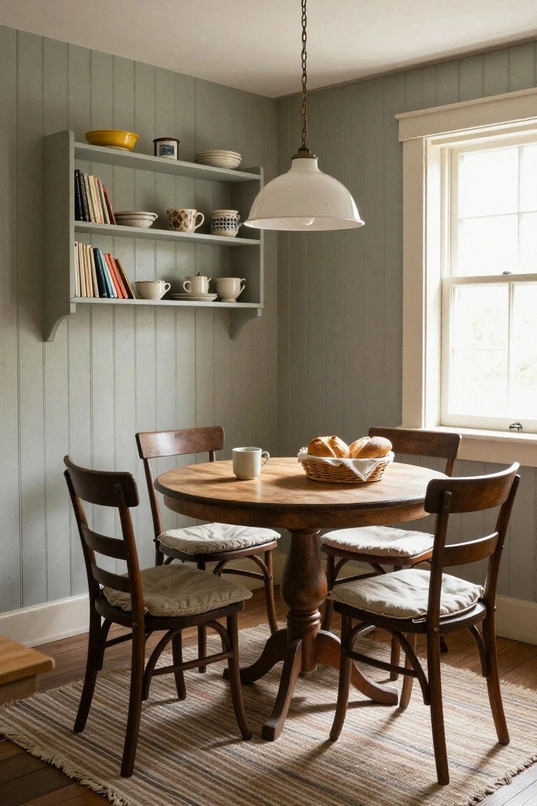 A round wooden dining table with four chairs on a striped rug in a room with light green painted vertical wood paneling, open shelves holding books and dishes, and a white pendant light overhead.