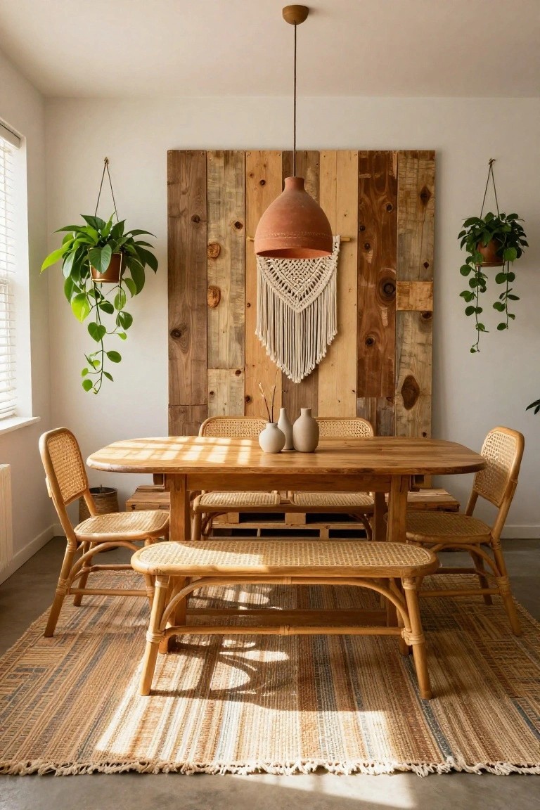 A dining room featuring a large reclaimed wood accent wall behind a wooden table with woven chairs, a terracotta pendant light, and hanging plants.