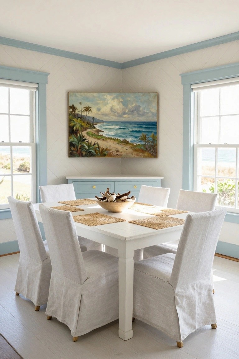 A bright dining room with a white table, six white slipcovered chairs, a light blue sideboard, and a large coastal landscape painting on the wall.