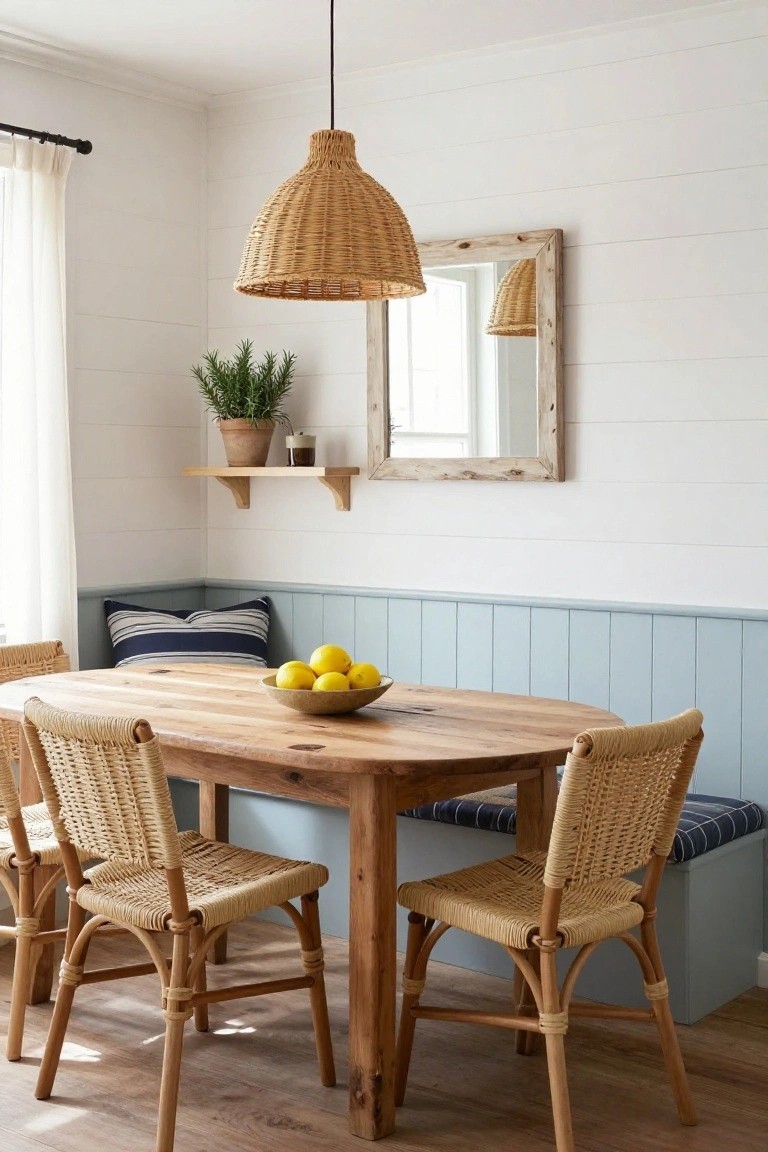 A dining room with an oval wooden table, woven chairs, a bowl of lemons, and a light blue wainscoted wall below white shiplap.