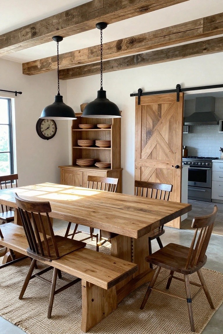 A dining room featuring a large wooden table with a bench on one side and wooden chairs on the other, a wooden hutch with open shelves, and a sliding barn door.