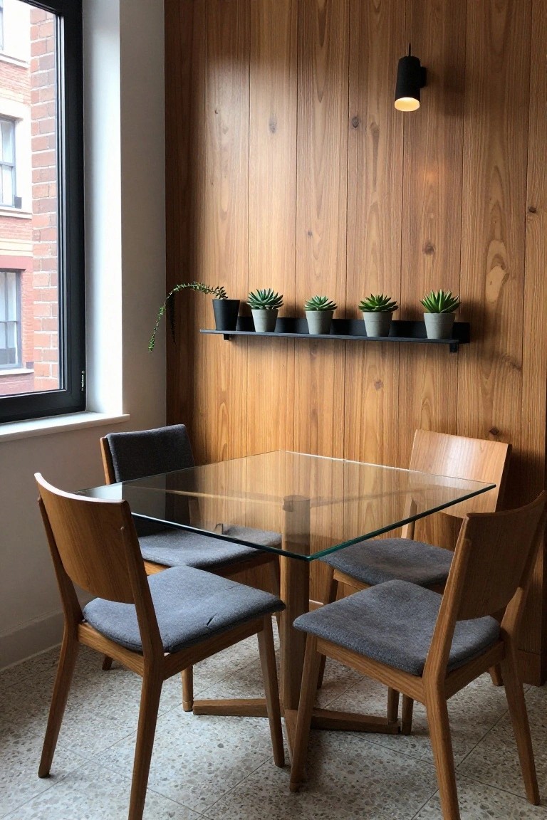 A small dining area with a glass table and four wooden chairs set against a vertical wood plank accent wall that includes a narrow floating shelf with potted plants and a black pendant light.