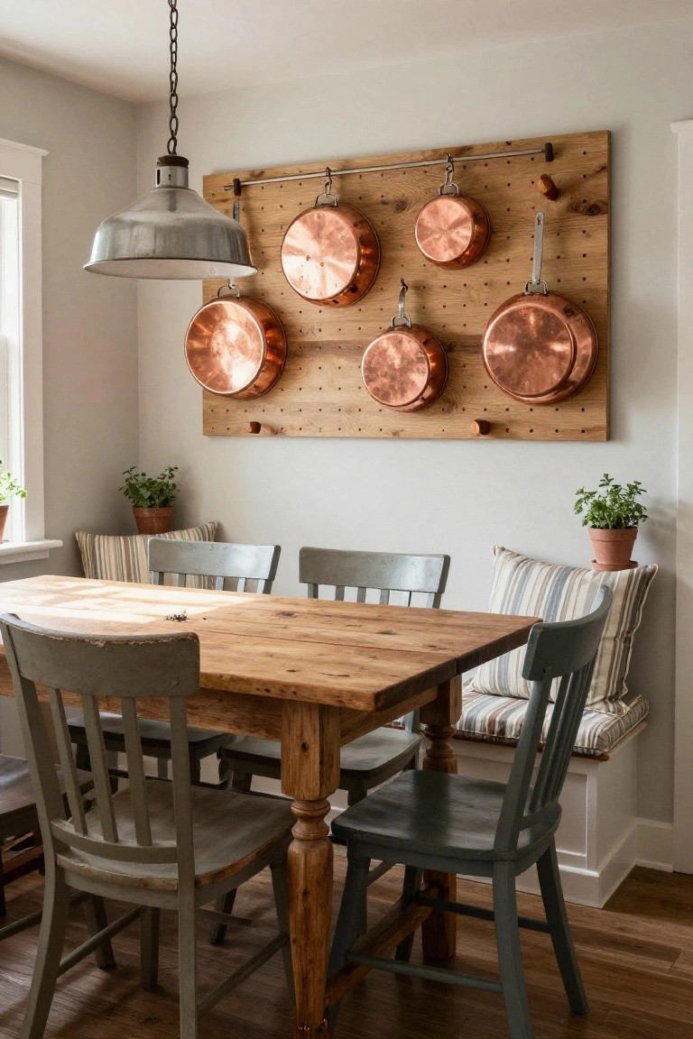 Rustic wooden dining table with mismatched chairs and copper pots on pegboard wall.